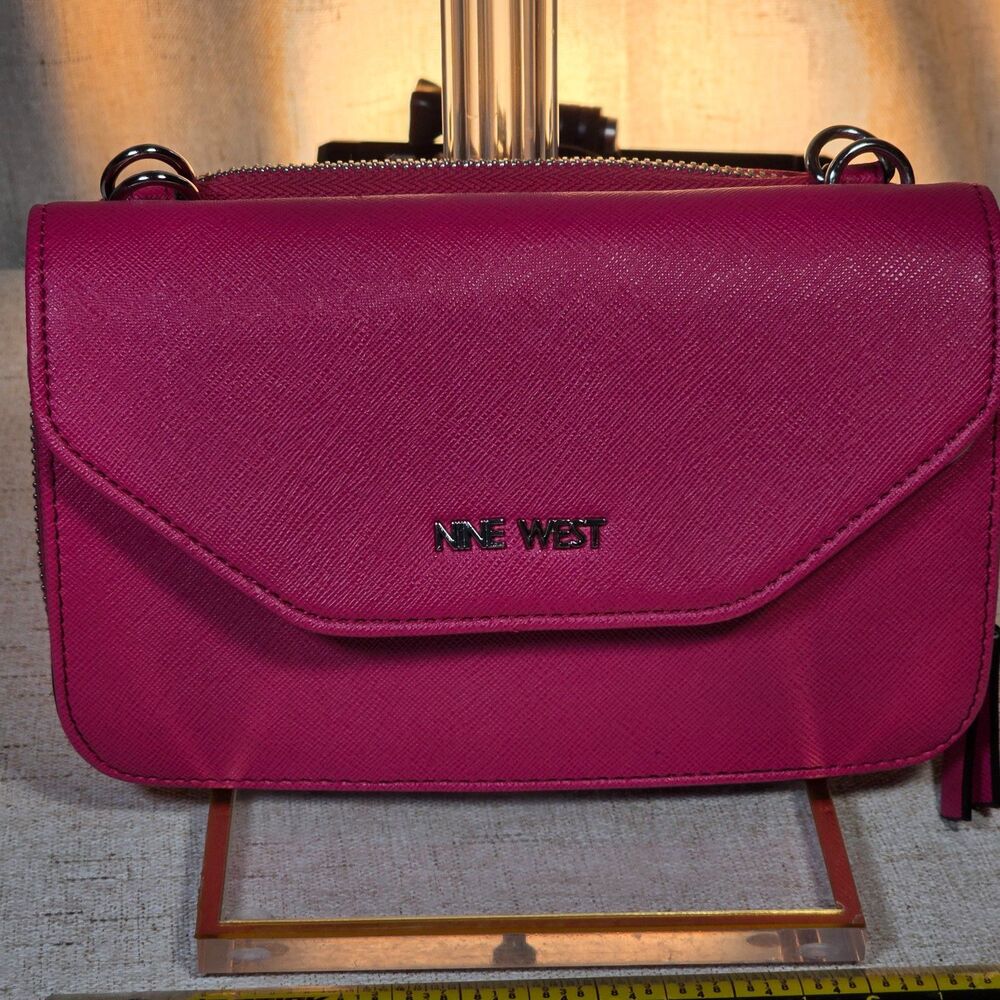 Nine West Magenta Saffiano Flap Zip Around Wallet Crossbody Purse
